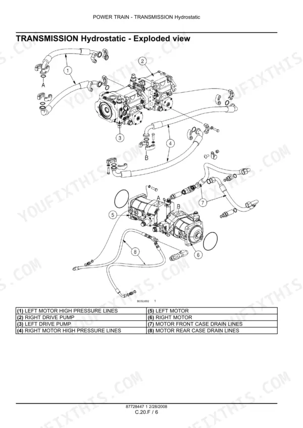 New Holland D85B and D95B crawler dozer hydrostatic transmission pumps and motors exploded view