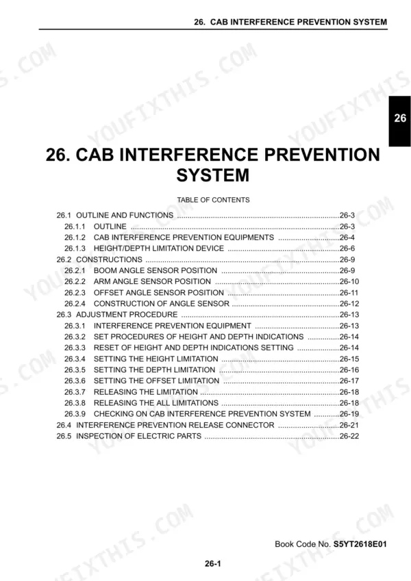 New Holland E135BSR excavator cab interference prevention section title and contents page