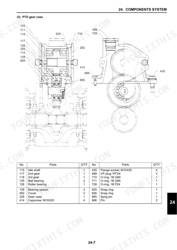 New Holland E135BSR excavator PTO gear case exploded diagram with parts table