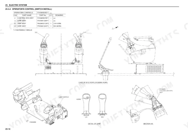 New Holland E135BSR excavator operator control grip and switch installation drawings