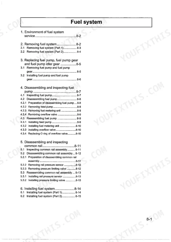 New Holland E135BSR excavator engine fuel system chapter title and contents page