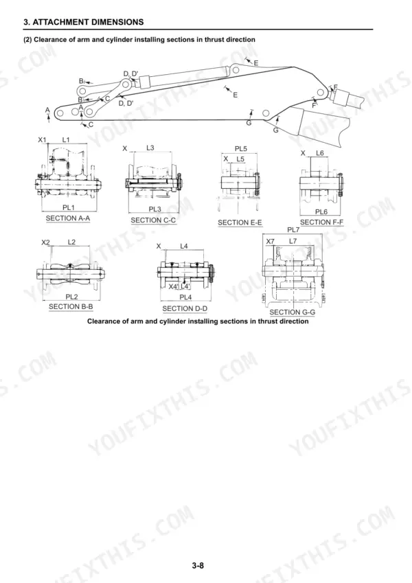 New Holland E140CSR crawler excavator clearance of arm and cylinder installing sections, thrust direction