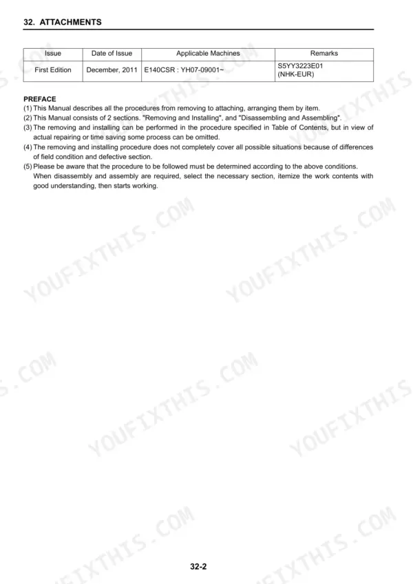 New Holland E140CSR crawler excavator attachments section issue table and preface text page
