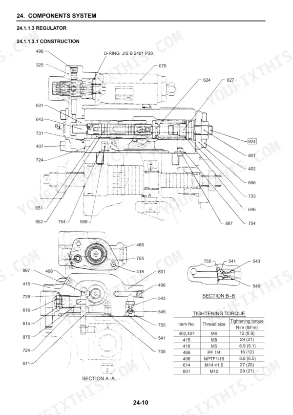 New Holland E140CSR crawler excavator regulator construction cross-section with tightening torque table