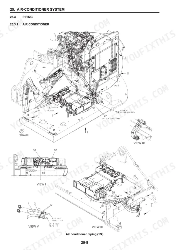 New Holland E160C Blade Runner excavator air conditioner piping layout with numbered parts and detail views