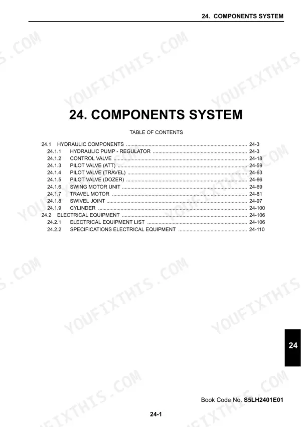 New Holland E160C Blade Runner excavator table of contents listing hydraulic and electrical component sections