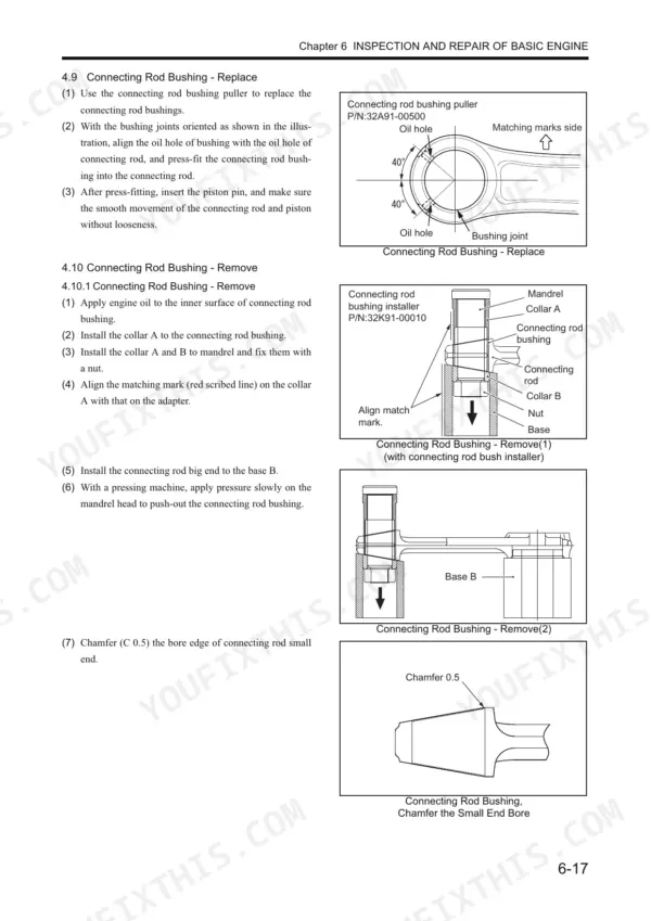 New Holland E160C Blade Runner excavator engine connecting rod bushing replacement and removal procedure with illustrations