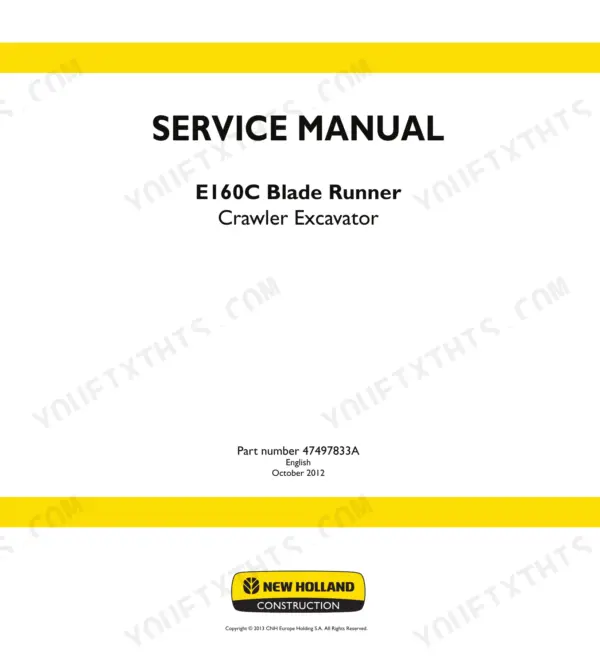 New Holland E160C Blade Runner excavator service manual cover page with title and part number