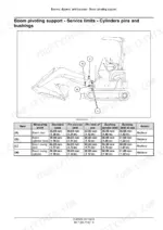 New_Holland_E17C_Service_Manual_Mini_Excavator_51679678.pdf-booms-dippers-and-buckets-1154-1.webp New Holland E17C mini excavator side view of mini excavator with lettered pin points and service limits table
