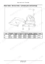 New_Holland_E17C_Service_Manual_Mini_Excavator_51679678.pdf-dozer-blade-and-arm-1196-1.webp New Holland E17C mini excavator side view of excavator with lettered blade pin points and service limits table