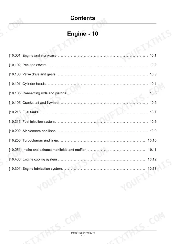 New Holland E26B SR, E29B SR mini excavator engine section contents