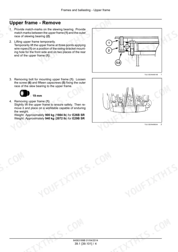 New Holland E26B SR, E29B SR mini excavator upper frame removal procedure