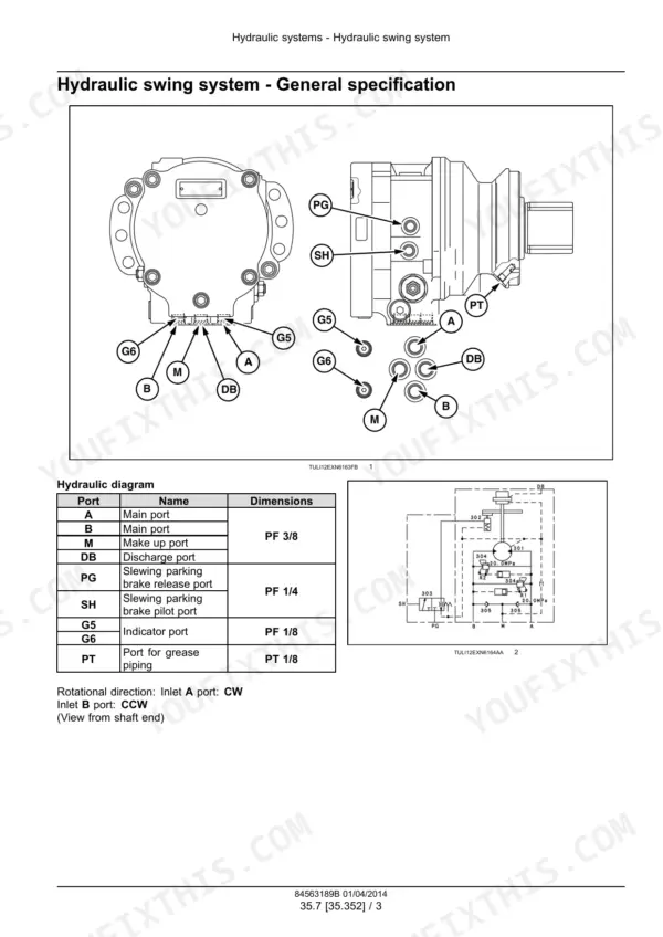 New Holland E26B SR, E29B SR mini excavator hydraulic swing system general specification and port diagram