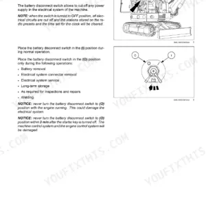 New Holland E26C mini excavator battery disconnect switch location in engine compartment with switch position diagram and usage notes