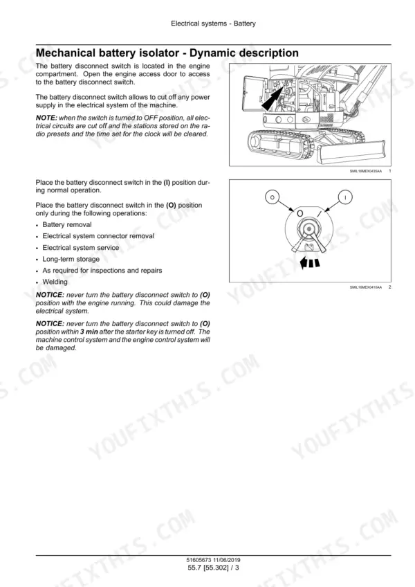New_Holland_E26C_Service_Manual_Mini_Excavator_51605673.pdf-battery-starting-charging-and-instruments-1218-1.webp New Holland E26C mini excavator battery disconnect switch location in engine compartment with switch position diagram and usage notes