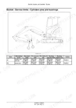 New_Holland_E26C_Service_Manual_Mini_Excavator_51605673.pdf-boom-dipper-bucket-and-dozer-blade-1336-1.webp New Holland E26C mini excavator bucket link pin and bushing service limits table beside side view of excavator arm