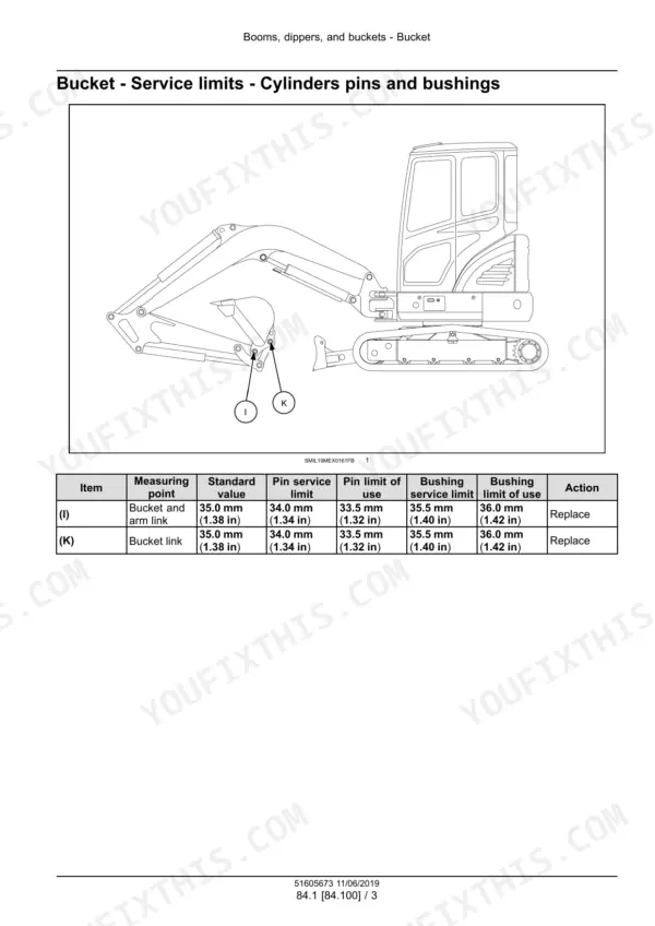 New Holland E26C mini excavator bucket link pin and bushing service limits table beside side view of excavator arm