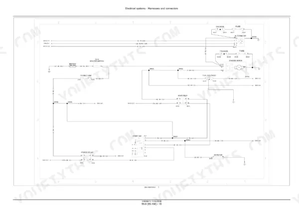 New Holland E26C mini excavator wiring schematic of starter, alternator, relays, fuses and master switch with labeled wire numbers