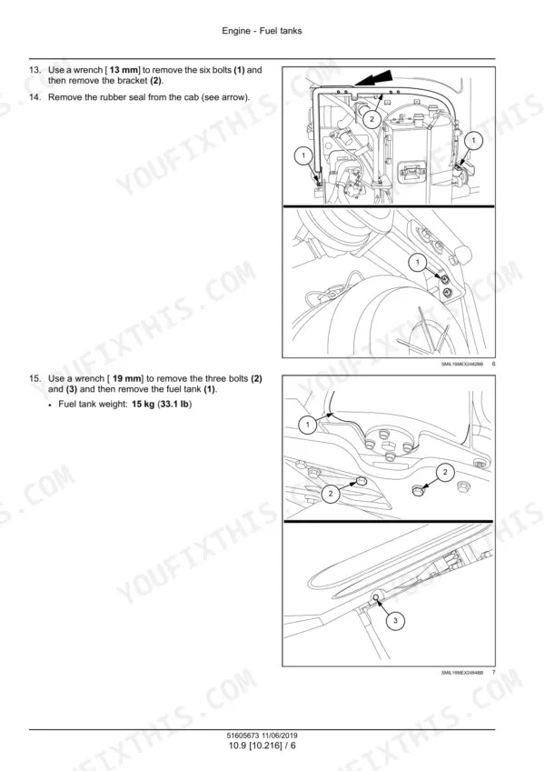 New Holland E26C mini excavator numbered photos showing bracket bolts and fuel tank mounting bolts being removed