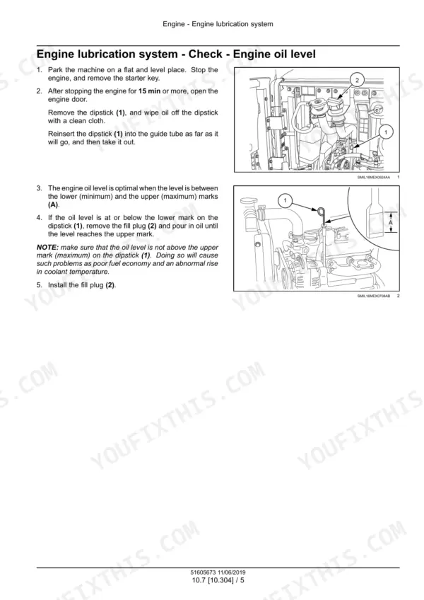 New Holland E26C mini excavator engine oil dipstick and fill plug locations with numbered photos and level mark detail