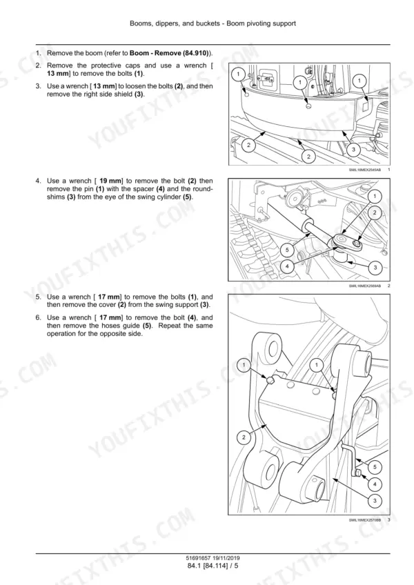 New Holland E33C mini excavator boom pivoting support removal procedure