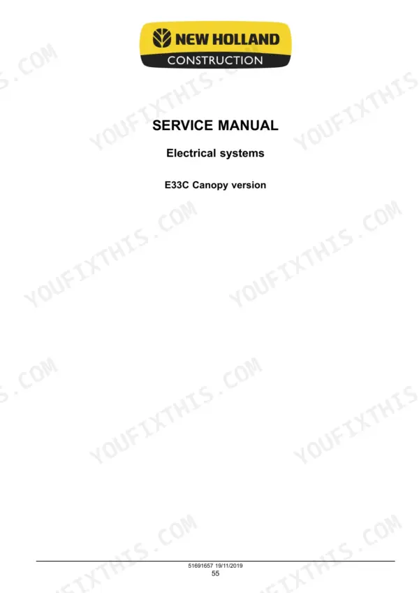 New Holland E33C mini excavator electrical systems section cover