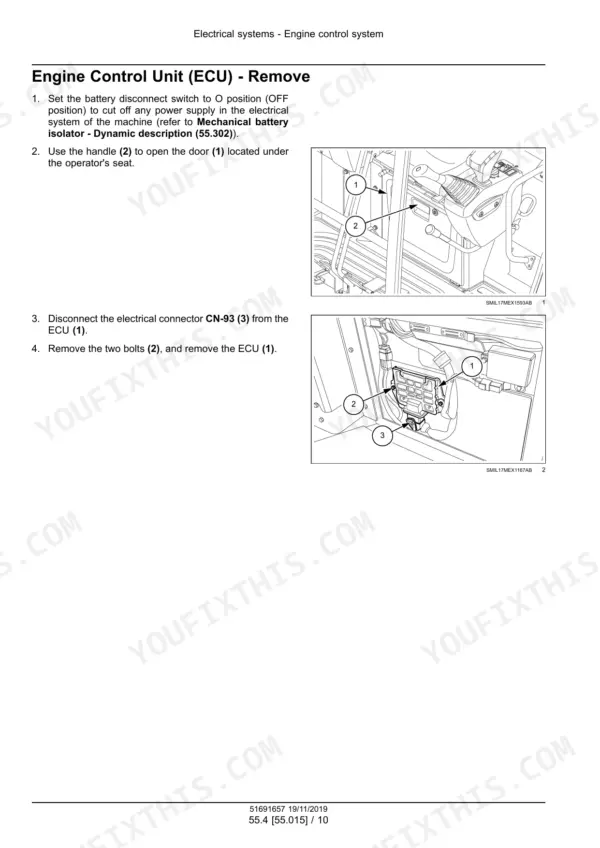 New Holland E33C mini excavator engine control unit removal procedure