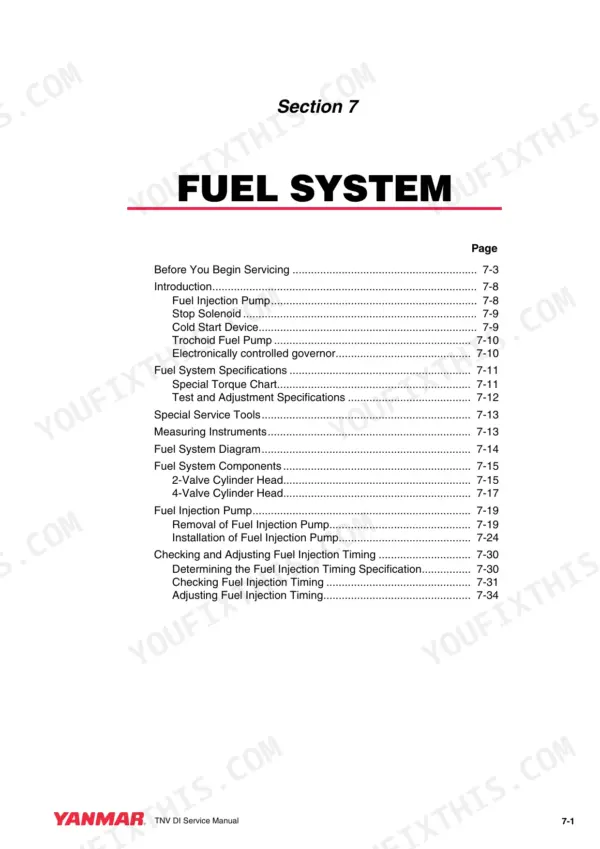 New Holland E55Bx compact excavator Yanmar TNV engine fuel system section contents