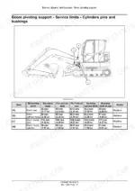 New_Holland_E60C_Service_Manual_Mini_Excavator_51663427.pdf-booms-dippers-and-buckets-1784.webp New Holland E60C mini excavator boom pivot pin and bushing service limits table with excavator side view