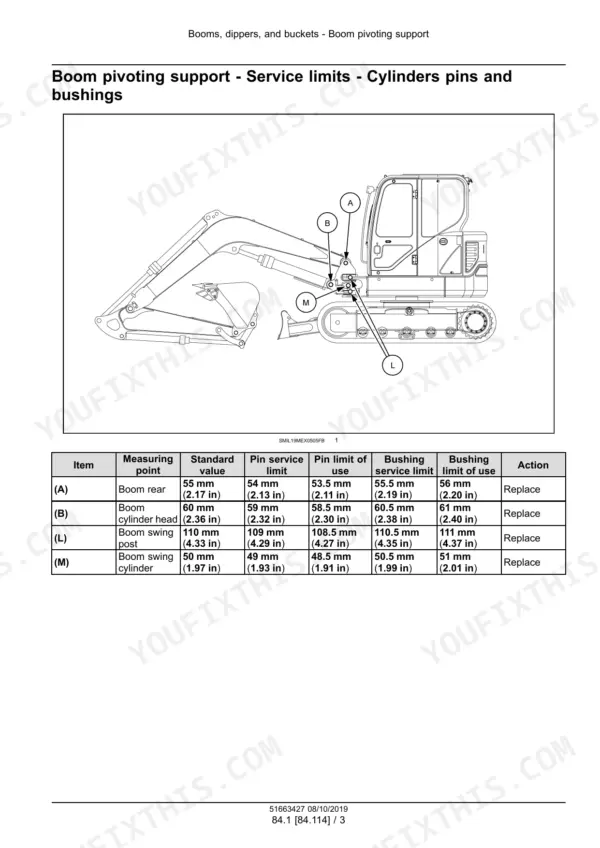 New_Holland_E60C_Service_Manual_Mini_Excavator_51663427.pdf-booms-dippers-and-buckets-1784.webp New Holland E60C mini excavator boom pivot pin and bushing service limits table with excavator side view