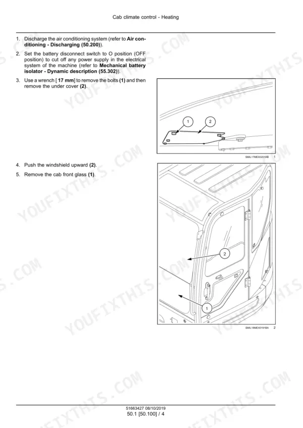 New Holland E60C mini excavator cab front glass and under cover removal steps with numbered photos