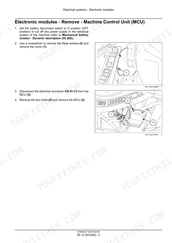 New Holland E60C mini excavator machine control unit removal steps with cover and connector photos