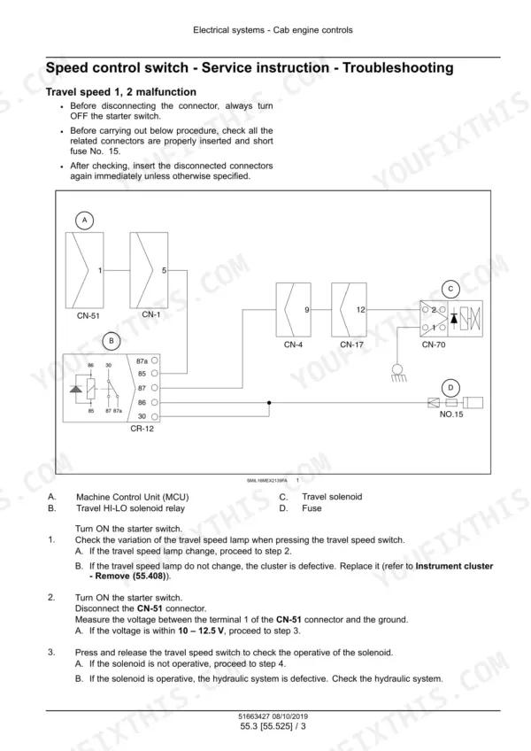 New Holland E60C mini excavator travel speed switch troubleshooting circuit diagram with relay and solenoid
