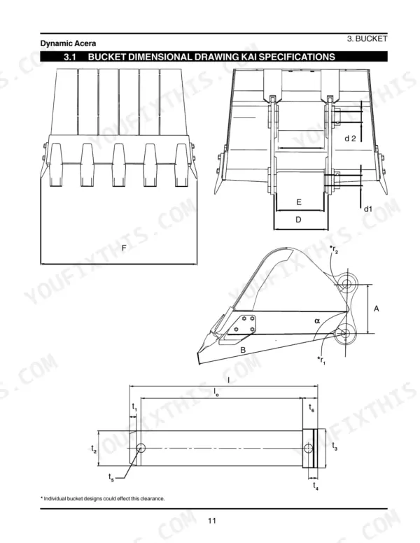 New Holland EH215 crawler excavator Bucket dimensional drawing with front, rear, side and pin views