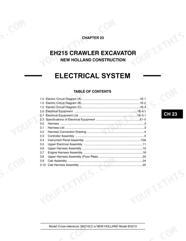 New Holland EH215 crawler excavator Electrical system chapter title page with contents
