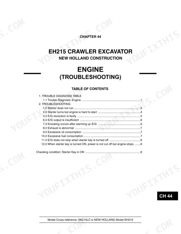 New Holland EH215 crawler excavator Engine troubleshooting chapter title page with contents