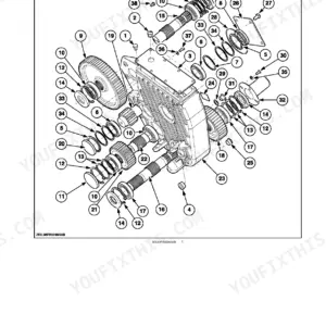 New Holland FR450-FR850 forage harvester gearbox exploded view with numbered gears, shafts, bearings and fasteners