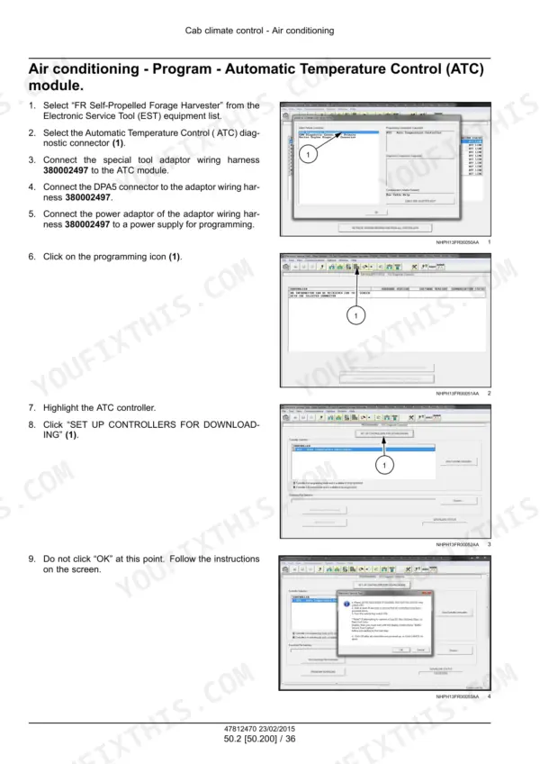 New Holland FR450-FR850 forage harvester software programming steps with numbered computer screen screenshots