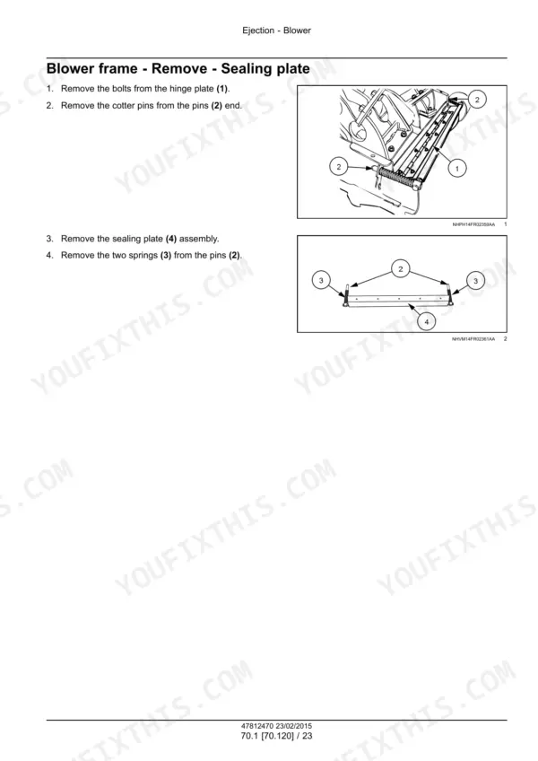 New Holland FR450-FR850 forage harvester blower sealing plate removal steps with springs and pins drawings