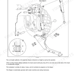 New Holland H8040 windrower Exploded drawing of the draper header cut-height cylinder, mounting arm, bolts and nuts with a detail callout