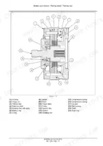 New_Holland_H8040_Self-Propelled_Windrower_Service_Manual_47487694.pdf-brakes-and-controls-329-1.webp New Holland H8040 windrower Cross-section drawing of the parking brake assembly with numbered parts: housing, discs, springs, seals and shaft