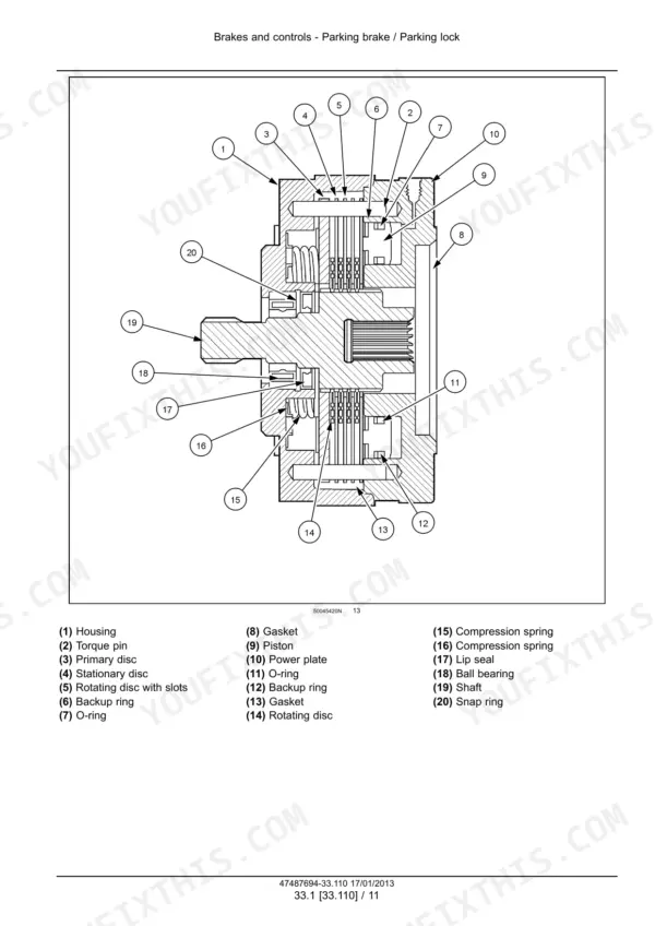 New Holland H8040 windrower Cross-section drawing of the parking brake assembly with numbered parts: housing, discs, springs, seals and shaft