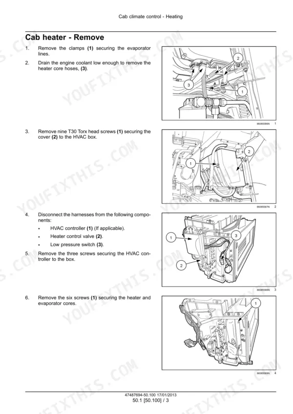 New Holland H8040 windrower Numbered removal steps with drawings of the cab heater: evaporator lines, HVAC box cover, harness connectors, heater core