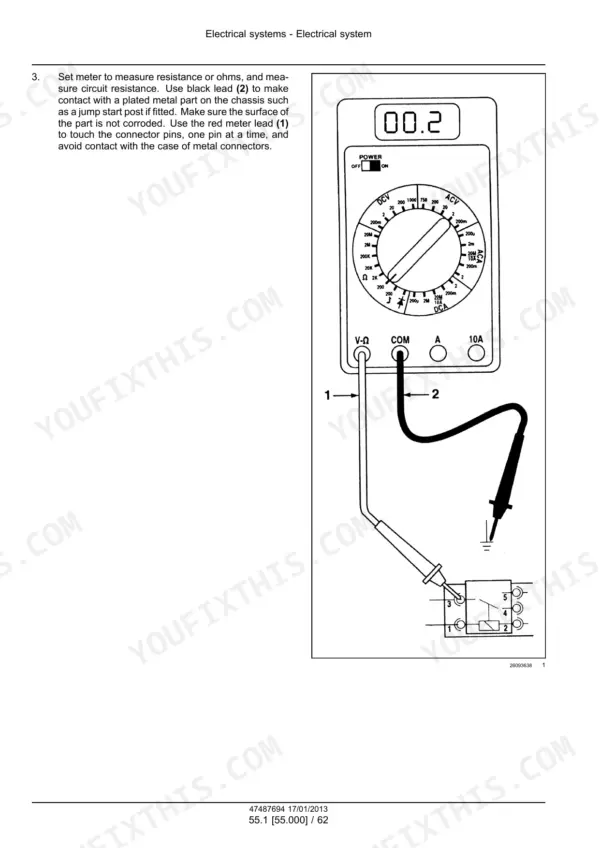 New Holland H8040 windrower Multimeter diagram with red and black test leads measuring resistance across relay connector pins