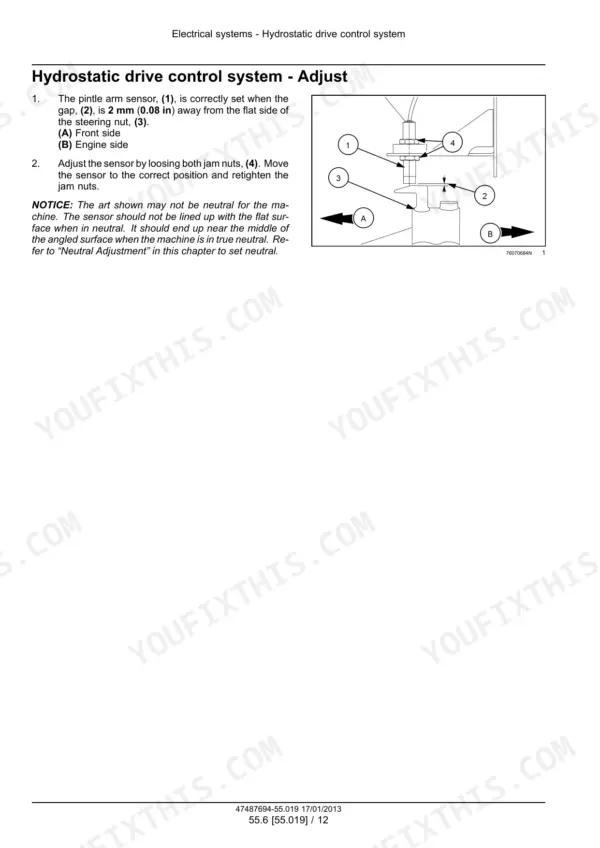 New Holland H8040 windrower Adjustment drawing of a pedal arm sensor with jam nuts and the sensor gap, parts labeled 1 to 4