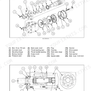 New Holland H9870, H9880 bale wagon orbit motor exploded view with parts list