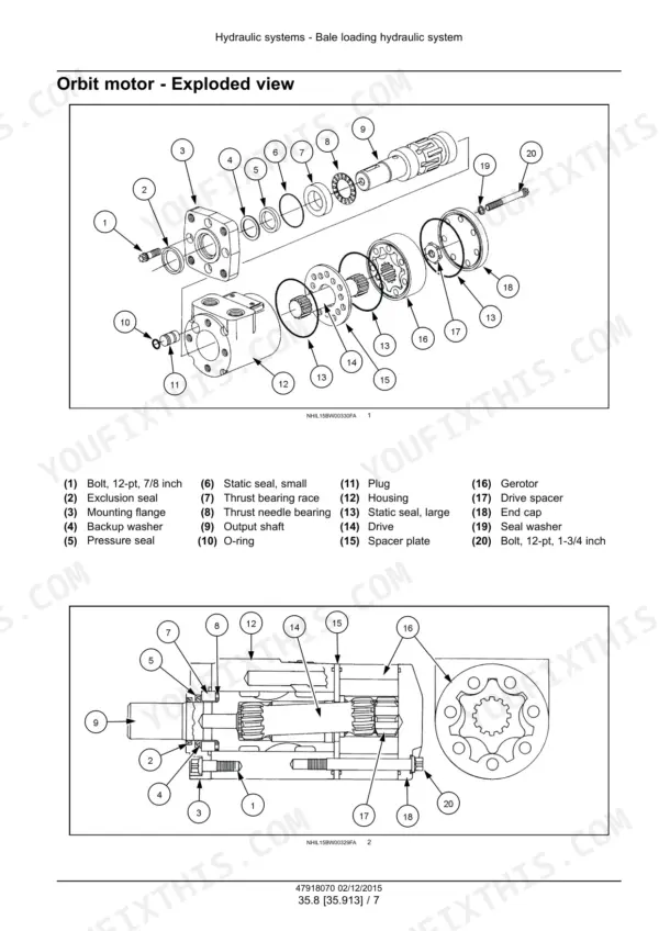 New_Holland_H9870_H9880_Bale_Wagon_Service_Manual_47918070.pdf-bale-loading-storing-and-unloading-hydraulics-662-1.webp New Holland H9870, H9880 bale wagon orbit motor exploded view with parts list