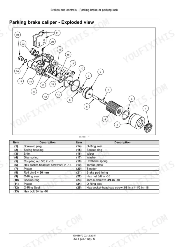 New Holland H9870, H9880 bale wagon parking brake caliper exploded view and parts list