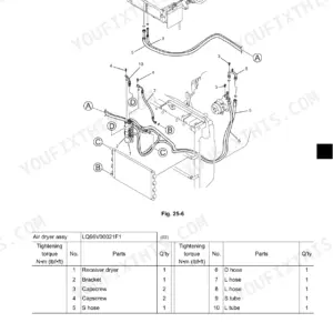 New Holland E265BJ excavator air conditioning hose and receiver dryer layout with numbered parts table