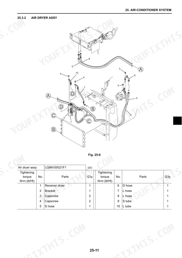 New_Holland_Kobelco_E265BJ_Hino_J05E-TB_Service_Manual_Excavator_Diesel_Engine_84176535.pdf-air-conditioner-system-374-1.webp New Holland E265BJ excavator air conditioning hose and receiver dryer layout with numbered parts table